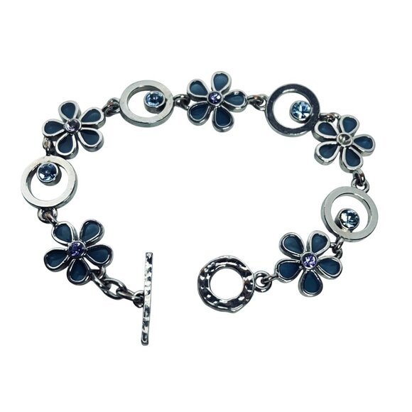 M4M Silver Tone And Blue Rhinestone Floral Link Bracelet Signed 7 1/2” (5920) - Picture 6 of 9